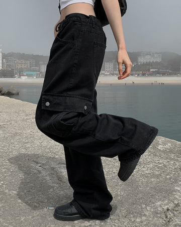 Denti Black Blue Cargo Strap Wide Pants